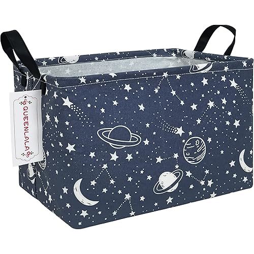 QUEENLALA Rectangular Laundry Hamper/Foldable Nursery Laundry Basket for Organizing/Storage Bin Baskets/Children Toy Office Bedroom/Toy Bin Closet Shelf Baskets(Rec-blue-starry sky)