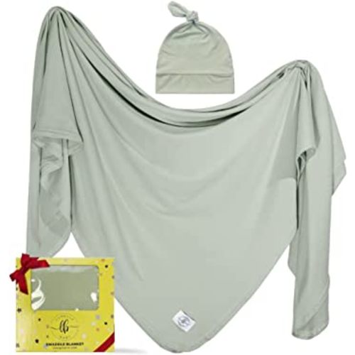 LUBELLA SUPPLY COMPANY Large Stretchy Swaddle Blankets 47" - Newborn Bamboo Swaddle and Hat Set - Jersey Receiving Baby Blanket for Boys & Girls - Soft Stretch Infant Wrap 0-3 Months (Mint Green)
