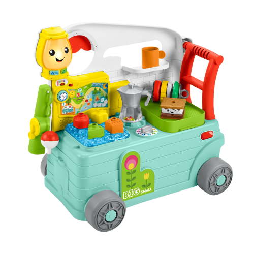 Fisher-Price Laugh & Learn 3-in-1 On-the-Go Camper Infant Walker, Musical & Steady Baby Busy Activity Center Toy