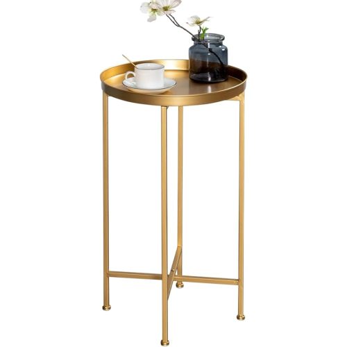 HollyHOME Small Round Metal Waterproof End Table, Accent Indoor&Outdoor Coffee Side Table, Snack Sofa Table for Living Room, Anti-Rust Decorative Plant Stand, (D) 14.5" x (H) 25", Golden