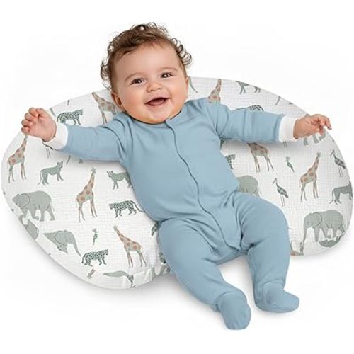 Little Grape Land Muslin Nursing Pillow for Breastfeeding, Soft and Supportive Breastfeeding Pillow for Mom and Baby, Cute Feeding Pillow with Removable Cover for 0–12 Months(Safari)