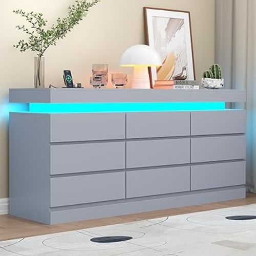 9 Drawer Dresser with Power Outlet, Dresser with LED Light, Modern Chest of Drawers for Closet, Double Wide Drawer Organizer Cabinet for Bedroom, Living Room (Grey, 9 Drawers)