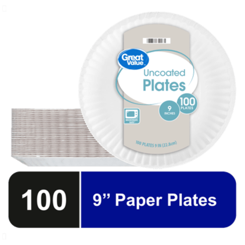 Great Value Uncoated Paper Plates, 9", 100ct