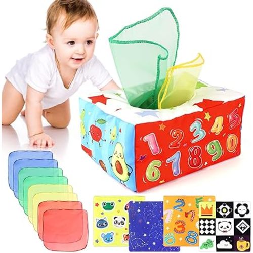 DINORUN Baby Tissue Box Toy - Baby Toys 6-12 Months, Montessori Toys for Babies 6-12 Months with Crinkle, Infant Sensory Toys Baby Christmas Stocking Stuffers Learning Toy