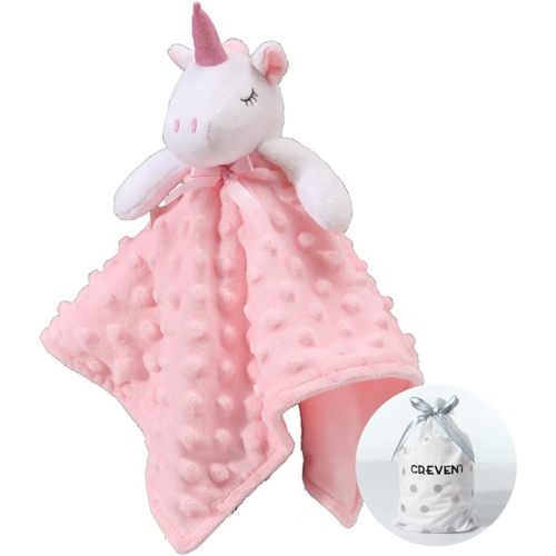 CREVENT Cozy Plush Baby Security Blanket Loveys for Baby Girls, Minky Dot Front + Sherpa Backing with Animal Face (Pink Unicorn)
