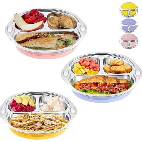 Stainless Steel Suction Plates for Toddler Babies, Divided Baby Plates, 3 Colors, Toddler Feeding Supplies, Dishwasher & Microwave Safe (3 Pack)
