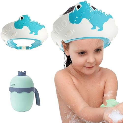 Toddler Hair Washing Shield with Bath Rinse Cup, Adjustable Baby Shower Cap for Kids Baby Bath Visor Shampoo Hat for Toddlers 1-9T, Blue