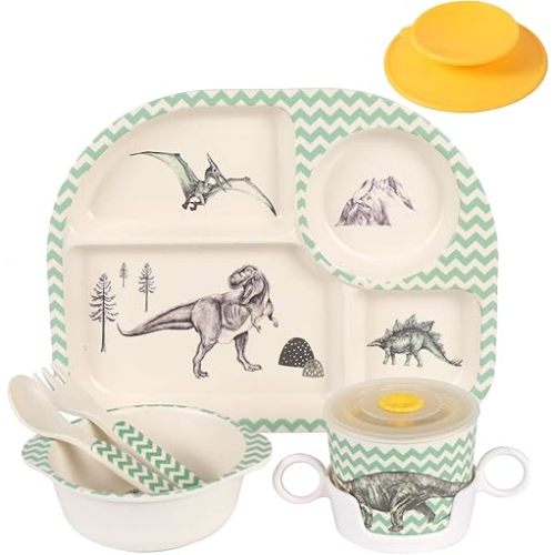 shopwithgreen 7Pcs/Set Bamboo Kids Dinnerware Set - Children Dishes - Food Plate Bowl Cup Spoon Fork Set Dishware, Cartoon Tableware, Dishwasher Safe Kids Healthy Mealtime, BPA Free