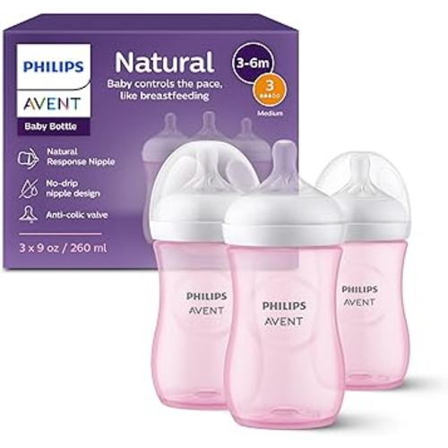 Philips Avent Natural Baby Bottles with Natural Response Nipples (Medium Flow, Flow 3), 9oz, Pink, 3-pack, SCY903/13