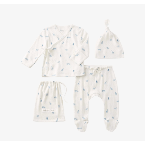 Blue Safari Print Organic Cotton Pointelle Layette 3 Pc Gift Set – Elegant Baby