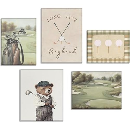 5Pcs Sports Nursery Wall Art Vintage Teddy Bear Posters Golf Boy Sports Wall Decor Kids Room Pictures for Boys Room Office Teen Room Home Decor Framed