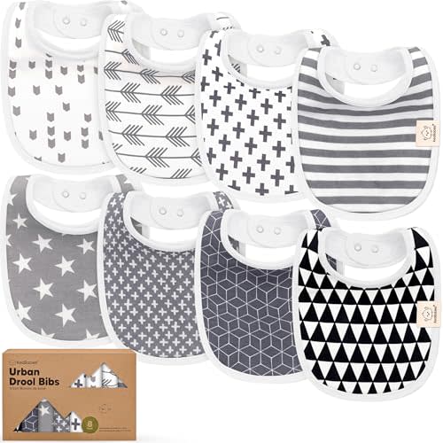 8-Pack Organic Baby Bibs for Boys, Girls - Soft Cotton Drooling and Teething Bibs for Baby Girl & Boy, Extra Absorbent, Easy To Clean & Put On for Toddler, Newborn, Infant 0-24 Months(Grayscale)