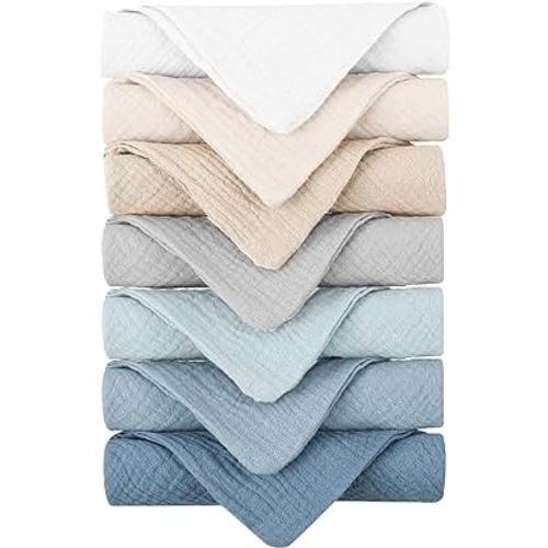 Konssy Baby Muslin Washcloths 7 Pack -100% Cotton Baby Bath Towels, Soft Baby Wash Cloths and Absorbent Burp Cloths for Newborn Kids Girls and Boys, 11x11 inches
