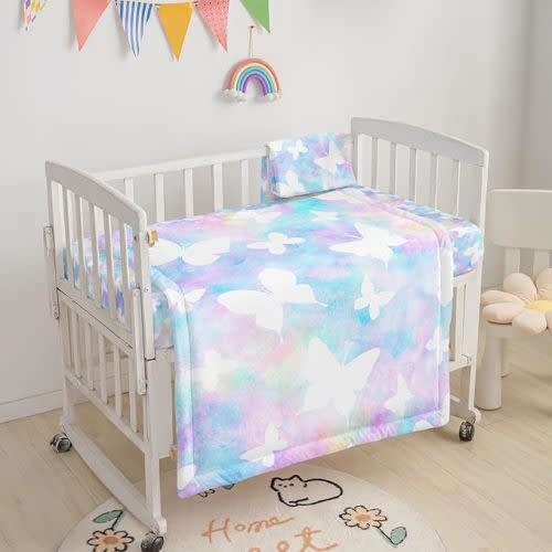 3-Piece Nursery Crib Bedding Set - White Butterfly Printed Comforter, Sheet & Skirt for Baby Boys and Girls
