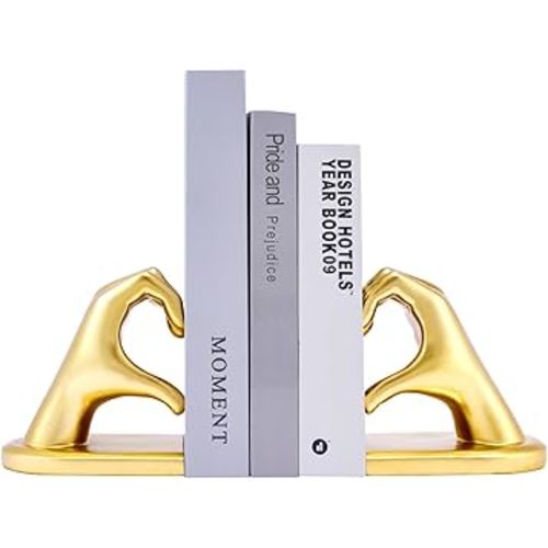 Book Ends Heart Design Modern Bookends for Shelves, Non-Skid Bookend, Heavy Duty Resin Book Stopper for Books, Decorative Holder 10.43 x 3.93 x 5.51’’, Gold