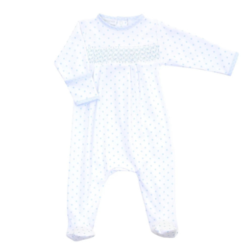 Magnolia Baby Boy Gingham Dots Smocked Footie in Light Blue