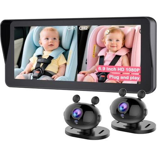 Wkzay Dual Baby Car Camera for 2-Kids: 6.9 Inch HD 1080P Split Display with 2 Night Vision Carseat Cameras - 360° Rotation, Easy Install for New Parents