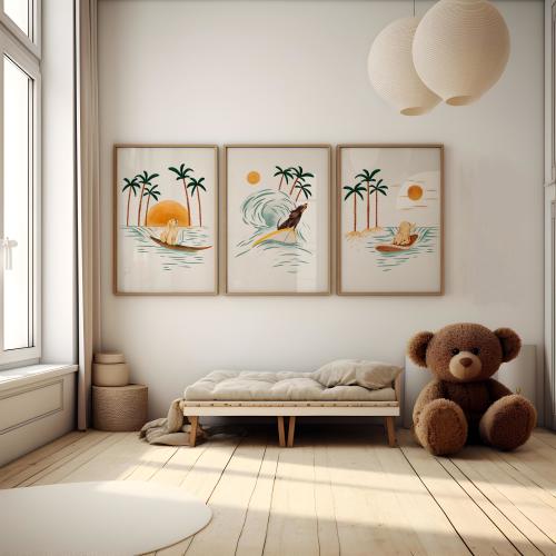 Set of Three Surfing Dog Art Prints, Coastal Surf Dog Nursery Wall Art, Beach Adventure Prints for Kids, Surfing Room Decor For Children