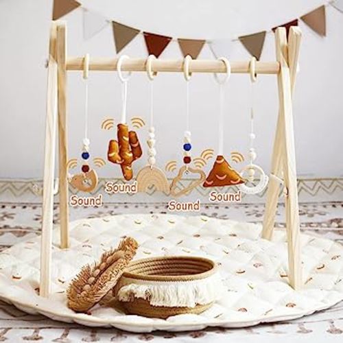 PgUp Wooden Baby Play Gym with Rainbow Mat, Foldable Baby Gym with Soft Playmats & 6 Hanging Toys for Baby Play & Learn, Toddler Activity Center Wooden Play Gym Newborn Gift for Baby Girls and Boys