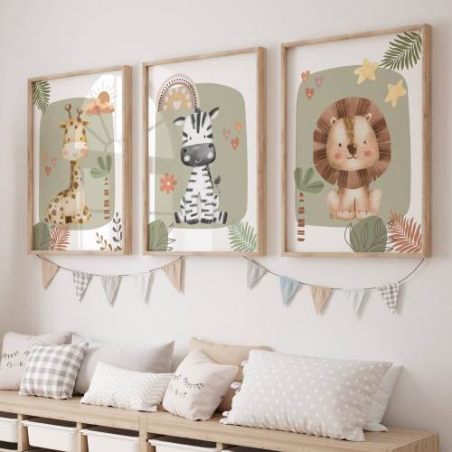 Safari nursery wall art, Boho nursery prints, sage green nursery wall art, playroom decor, safari nursery, Boho nursery wall art, set of 3