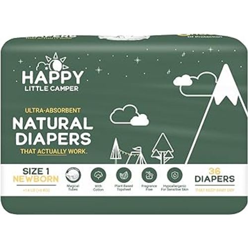 Happy Little Camper Ultra-Absorbent Natural Baby Diapers Size 1 - Hypoallergenic & Chlorine-Free Disposable Diaper Safe for Sensitive Skin - Unscented Newborn Diapers - 36 Count