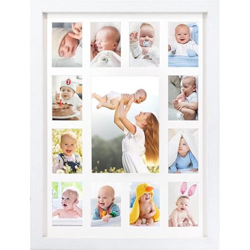 My First Year Picture Frame, Baby's First Twelve Months Photo Collage and Gender Neutral Keepsake, Ideal for Baby Shower, New Mom Gift and Nursery Decort, Displays One 5x7 Photo and Twelve 2x3 Pictures
