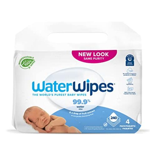 WaterWipes Plastic-Free Original Baby Wipes, 99.9% Water Based Wipes, Unscented & Hypoallergenic for Sensitive Skin, 240 Count (4 packs), Packaging May Vary