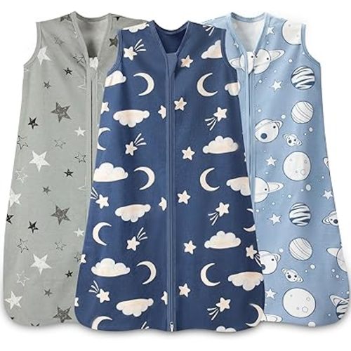 Baby Sleep Sack 12-18 Months Baby Wearable Blanket 100% Cotton TOG 0.5 2-Way Zipper Newborn Sleeping Bag, 3 Pack Comfy Lightweight Sleep Sacks for Babies