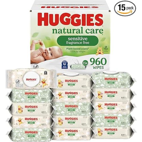 Huggies Natural Care Sensitive Baby Wipes, Unscented, Hypoallergenic, 99% Purified Water, 15 Flip-Top Packs (960 Wipes Total)