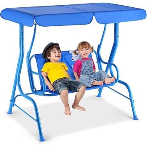 HONEY JOY Kids Patio Swing, 2-Seater Outdoor Porch Swing Lounge Chair W/Canopy & Safety Belt, All Weather Resistant Waterproof Hanging Swing Bench for Patio Garden Poolside Balcony(Blue Puppy)