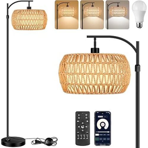 INNÔPLUS Rattan Floor Lamp-Floor Lamp for Living Room Bedroom Boho Standing Lamp with Remote Control and Dimmable Bulb