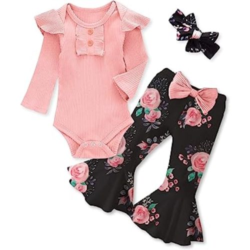 Kislio Newborn Baby Girls Clothes Ribbed Ruffled Romper+Floral Pants+Headband Infant Outfit Set