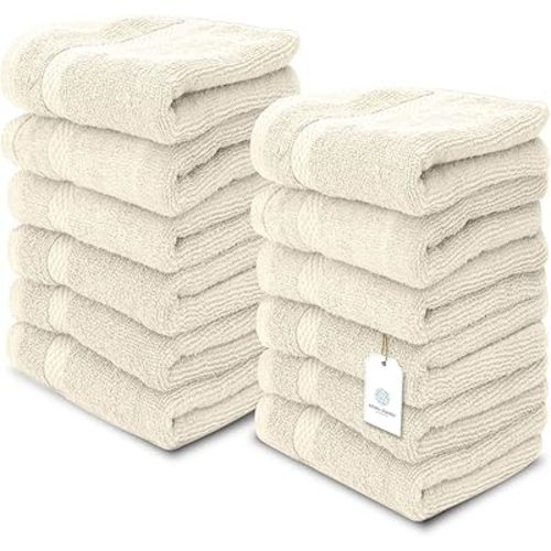 White Classic Luxury Washcloths for Bathroom-Hotel-Spa-Kitchen-Set - Circlet Egyptian Cotton - Highly Absorbent Hotel Quality Face Towels - Bulk Set of 12-13x13 Inch (Ivory)