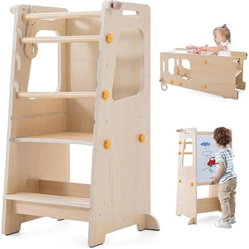 Torre de cocina 4 en 1 para niños pequeños, taburete de cocina para niños, torre de pie con mesa y silla convertibles, taburete para niños pequeños con altura ajustable, pizarra blanca y riel de