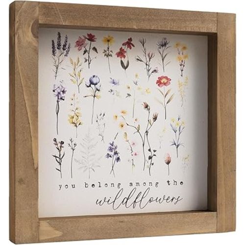 Wooden Wildflower Sign, 6 Inch Framed Wild Flower Pictures Decor Art, Wall Table Shelf Nursery Room Bedroom Bathroom Rustic Home Decorations