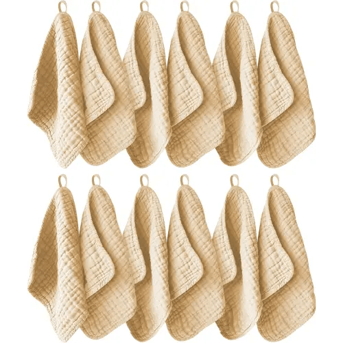 12 Pack Muslin Washcloths for Baby - 100% Cotton Baby Wash Cloths for or Baby Face Body Comfy and Soft for Newborn Infants Kids Girls and Boys - 12"x12" - Brown