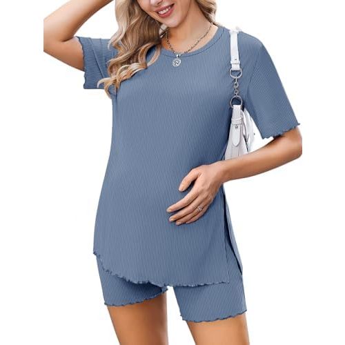 Ekoauer Women 2 Piece Maternity Pajamas Set Lightweight Pregnancy Outfit Ribbed Knit Postpartum Loungewear Set with Pocket