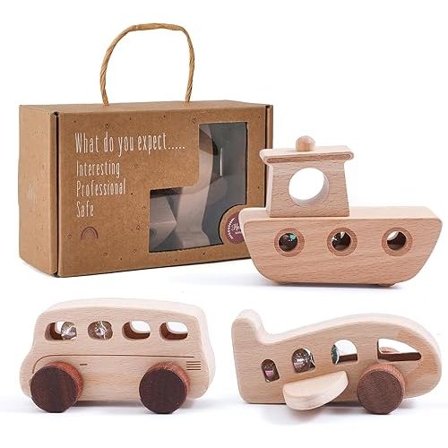 WOODEN TEETHER 3pcs Wooden Cars for Toddlers 1-3 Years Car Toys for Babies Wooden Baby Toys Include Car Boat Airplane，Ideal Gift for Girls and Boys