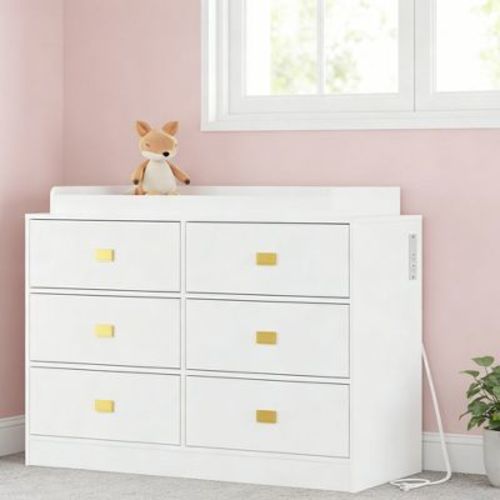 6-Drawer Nursery Dresser with Changing Table, Removable Top & Power Outlets, Convertible Baby Dresser Diaper Station for Clothes Storage