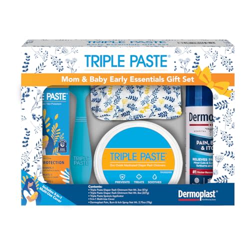 Triple Paste Mom & Baby Early Essentials Gift Set with 5 Items, Diaper Rash Ointment 8oz Jar & 2oz Tube, Spatula Applicator, Dermoplast Spray, and Multi-Use Cover, Shower Gifts for Moms