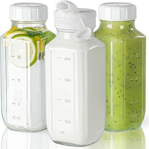 Glass Juice Bottles with Lids, 3 Pack Clear Glass Water Bottles w Pour Spout, 16 Oz Reusable Glass Milk Jug w 100% Airtight Cap and Scale for Juicing Containers, Breast Milk Storage, Drinking Jar