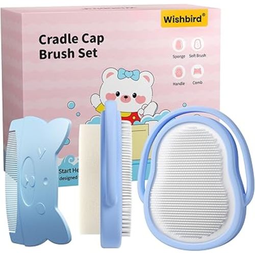 3-in-1 Baby Cradle Cap Brush kit, Soft Baby Brush, Curved Comb & Bath Sponge | BPA-Free Cradle Cap Treatment Set for Newborns, Infants Dry Skin Flakes Removal, Pink