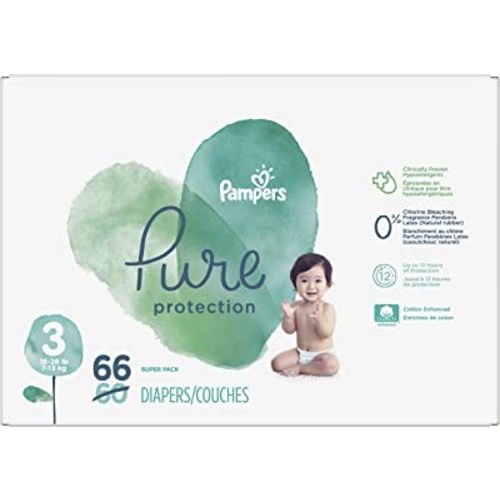 Diapers Size 3, 66 Count - Pampers Pure Protection Disposable Baby Diapers, Hypoallergenic and Unscented Protection, Super Pack (Packaging & Prints May Vary)