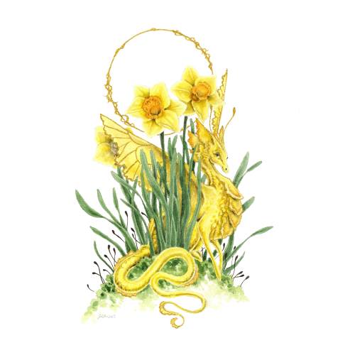 Dragon Art Watercolor Print - Daffodil Dragon - fantasy art. whimsical. flower art. illustration.