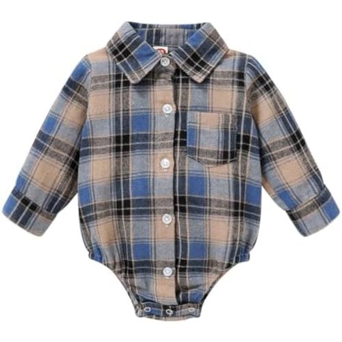 HAPPYMA Newborn Baby Boy Girls Plaid Outfit Flannel Romper Tops Infant Long Sleeve Button Down Plaid Casual Bodysuit Clothes