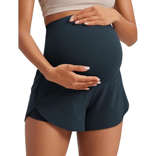 CRZ YOGA Women 2 in 1 Maternity Workout Shorts Over Belly 3" - Dolphin Soft Athletic Running Casual Pregnancy with Pockets