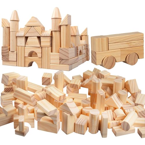 Wooden Blocks - 100 Pc Wood Building Block Set with Carrying Bag and Container (Natural Colored) - 100% Real Wood