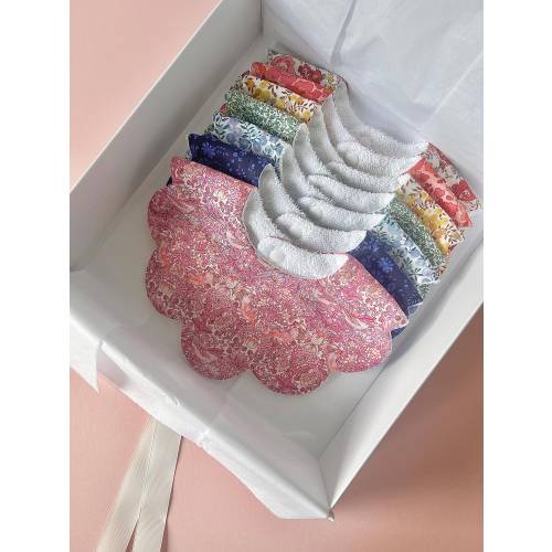 7 Bib set, Scalloped baby bib multipack made with Liberty fabrics, 0-24 month baby dribble bib Rainbow starter pack, absorbent cotton bibs