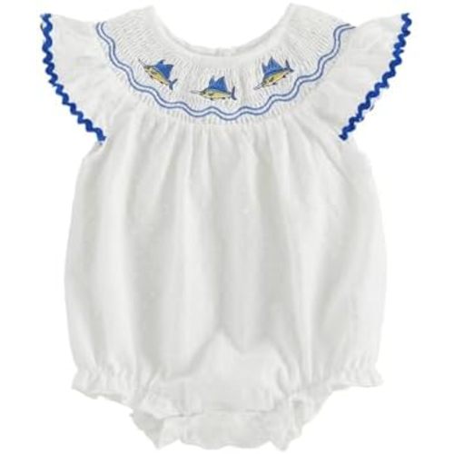 Baby Girl Smocked Bubble Romper Sailfish Embroidered Summer Outfit