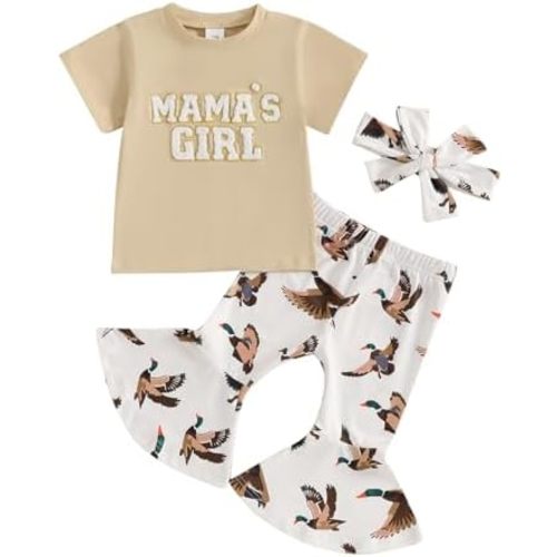 MAINESAKA Toddler Baby Girl Duck Hunting Clothes Boho Bell Bottom Outfit 2Pcs Short Sleeve Mamas Girl Tshirt Flare Pants Set